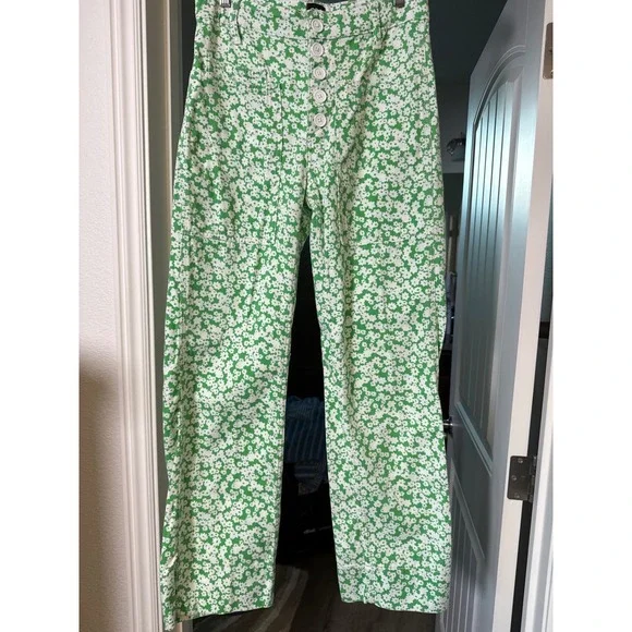 BDG Urban Outfitters Green White Daisy Floral Wide Leg Pants High Rise Button 26 - Picture 12 of 13
